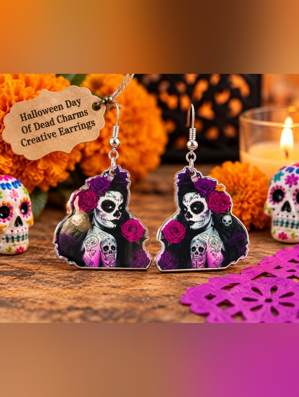 Halloween Day Of Dead Charms Creative Acrylic Mexican Skull Woman Girl Earrings